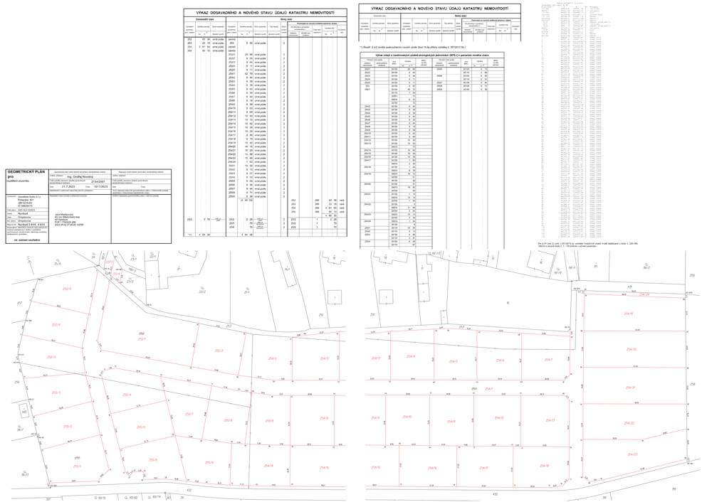 Plán parcel s tabulkami pro výkazy, výměry a stavy. Vhodné pro katastrální a pozemkové účely.